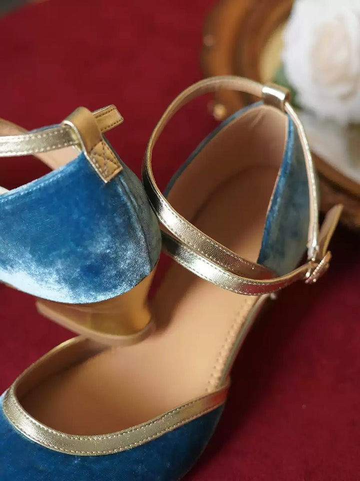 Vintage - Inspired Blue Velvet Mary Jane Shoes with Gold Accents - Retro Mid Heel - WonderlandByLilian