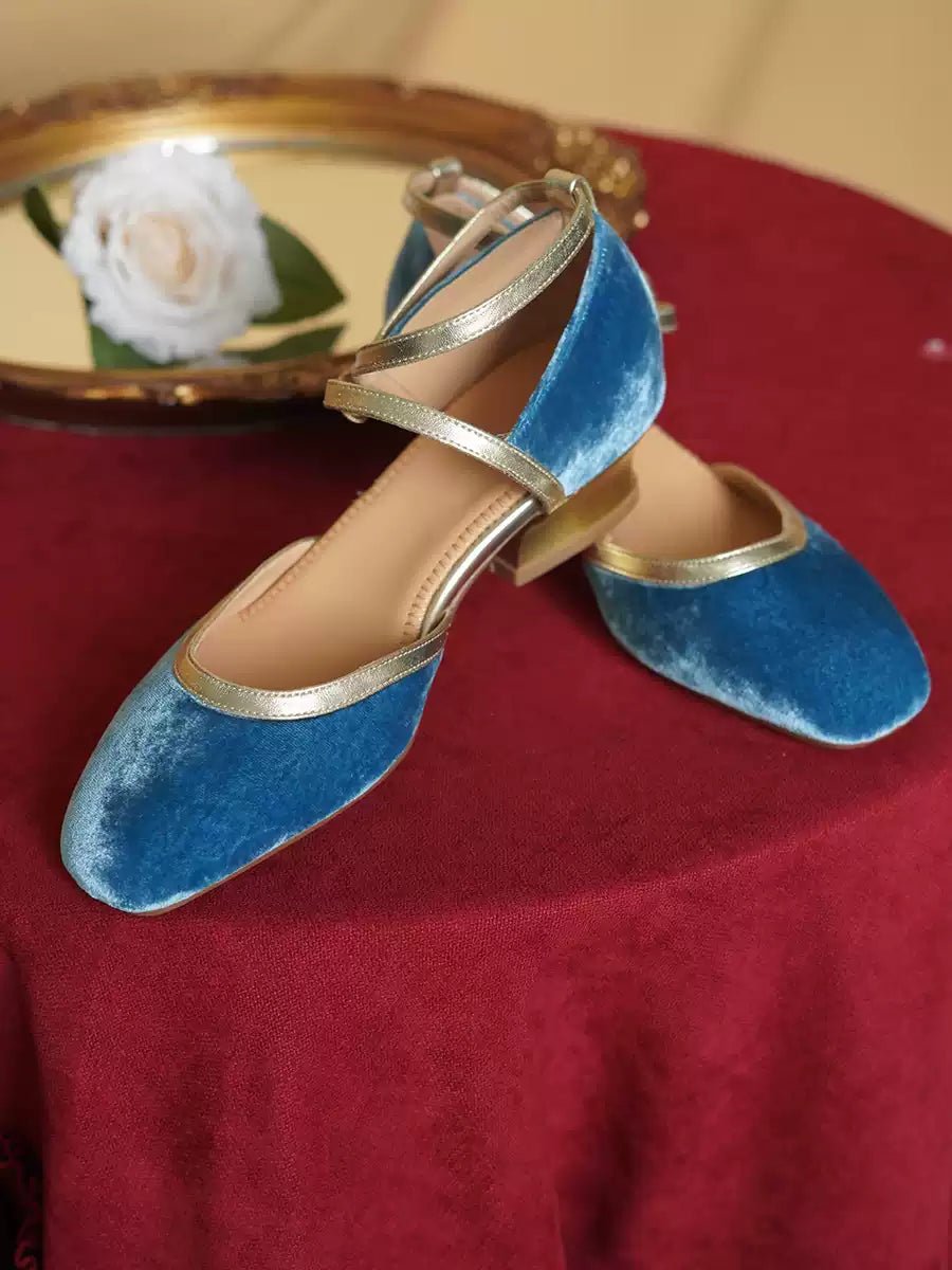 Vintage - Inspired Blue Velvet Mary Jane Shoes with Gold Accents - Retro Mid Heel - WonderlandByLilian