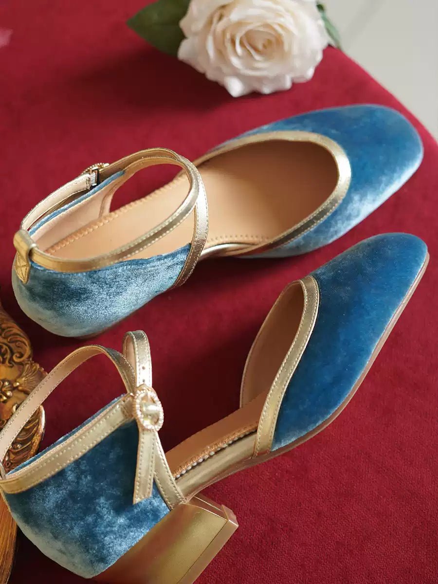 Vintage - Inspired Blue Velvet Mary Jane Shoes with Gold Accents - Retro Mid Heel - WonderlandByLilian