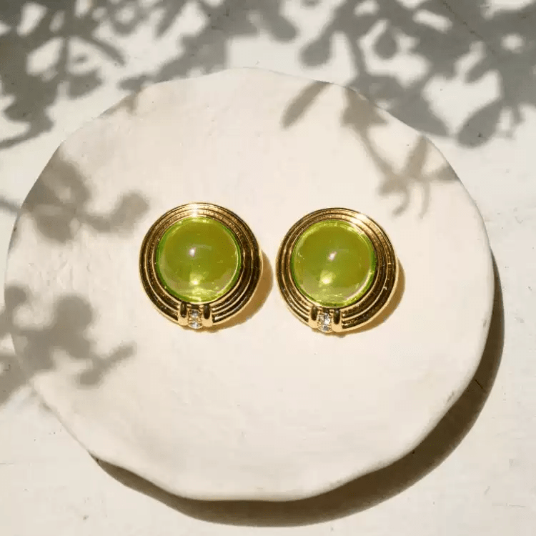 Vintage - Inspired Cabochon Studs with Olive Resin and Gold Accents - Green Grape - WonderlandByLilian