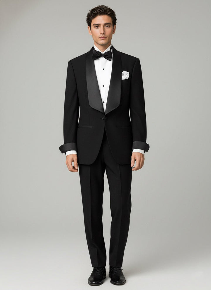 Vintage - Inspired Custom Made Black Polyester Blend Shawl Lapel Wedding Suit – Mens Evening Wear Tuxedo Plus Size - WonderlandByLilian