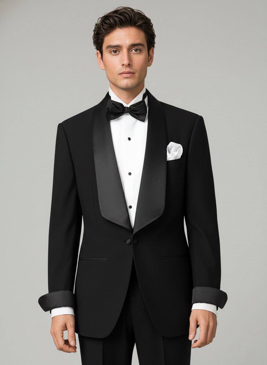 Vintage - Inspired Custom Made Black Polyester Blend Shawl Lapel Wedding Suit – Mens Evening Wear Tuxedo Plus Size - WonderlandByLilian