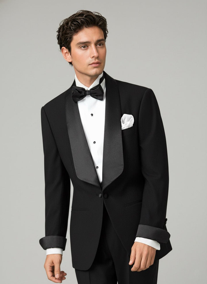Vintage - Inspired Custom Made Black Polyester Blend Shawl Lapel Wedding Suit – Mens Evening Wear Tuxedo Plus Size - WonderlandByLilian