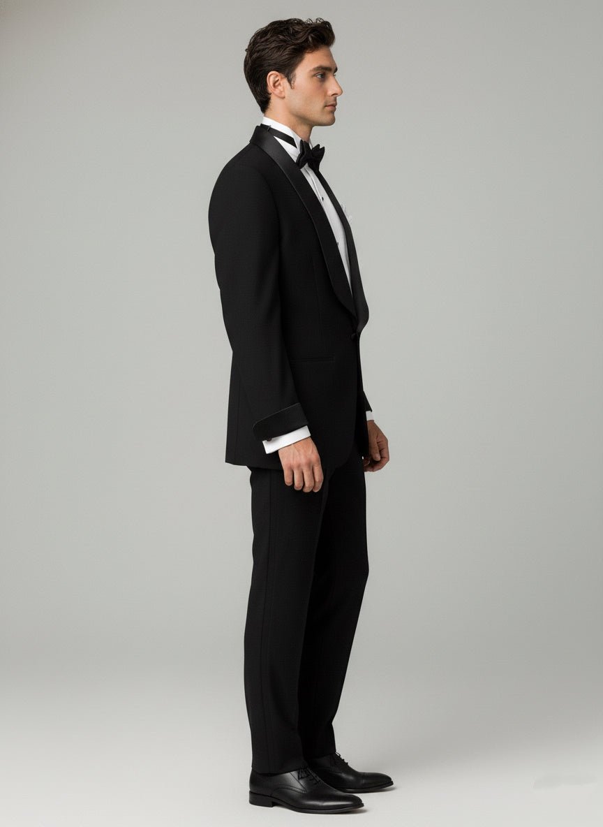 Vintage - Inspired Custom Made Black Polyester Blend Shawl Lapel Wedding Suit – Mens Evening Wear Tuxedo Plus Size - WonderlandByLilian