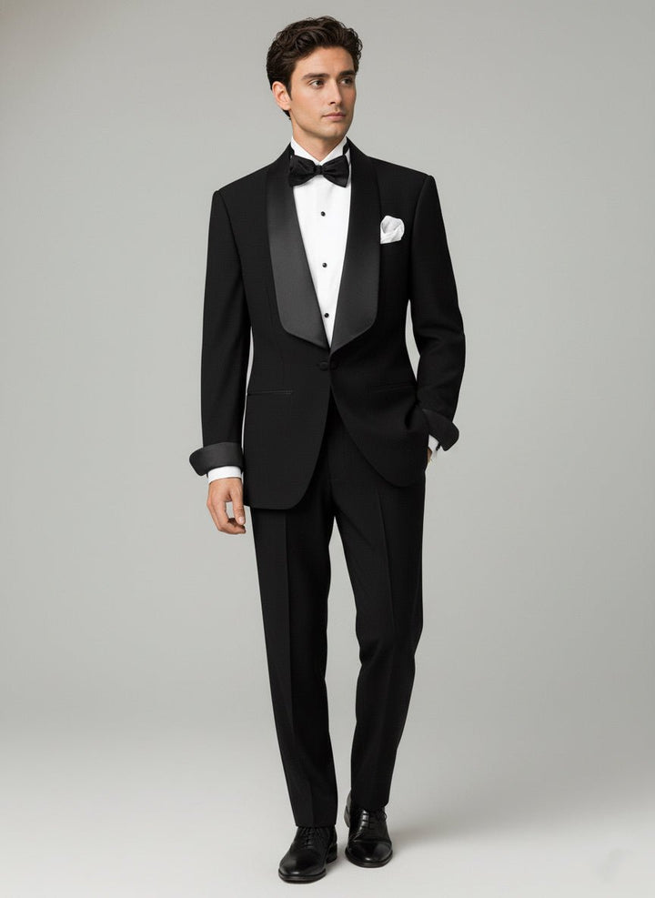 Vintage - Inspired Custom Made Black Polyester Blend Shawl Lapel Wedding Suit – Mens Evening Wear Tuxedo Plus Size - WonderlandByLilian