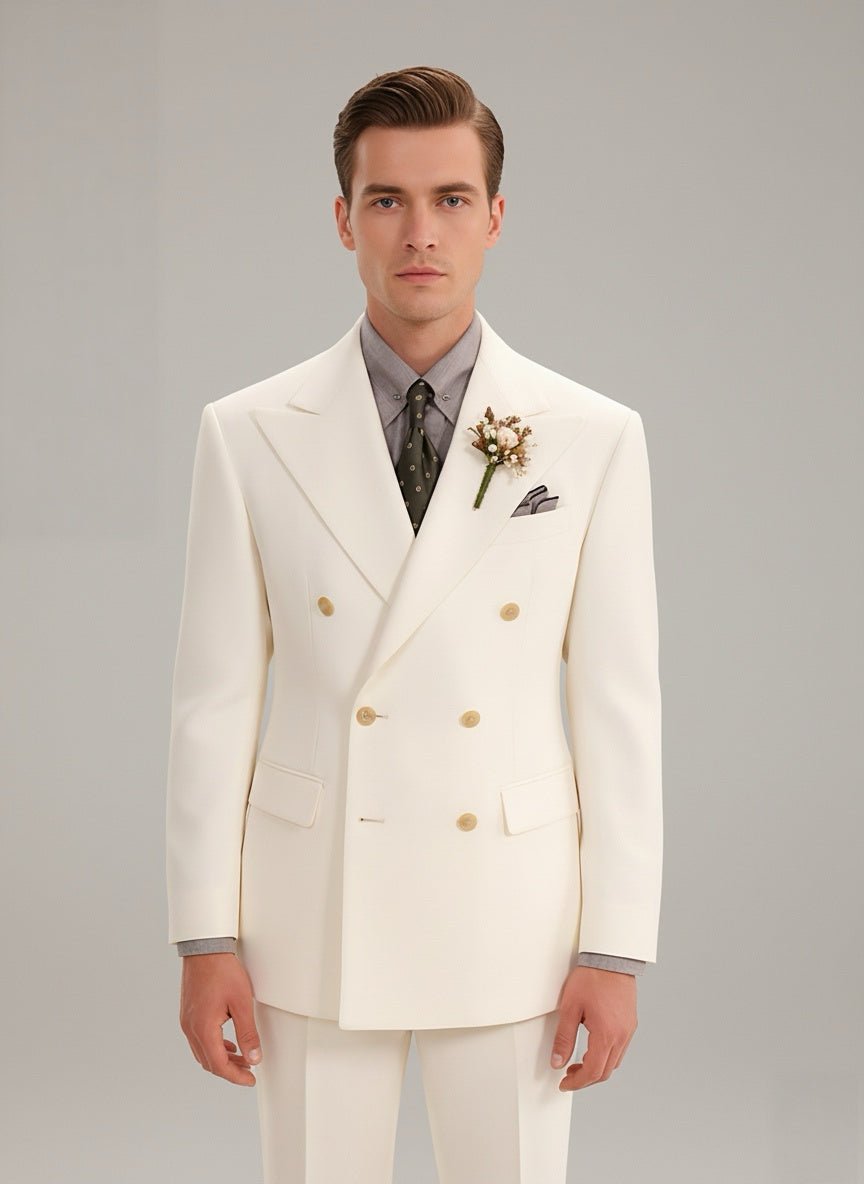 Vintage - Inspired Custom Made Ivory Wool - Blend Double - Breasted Wedding Suit – Regency Menswear Formal Wear Plus Size - WonderlandByLilian