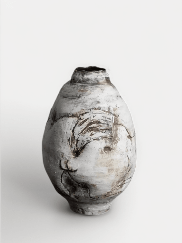 Vintage - Inspired Danish Import Handcrafted Relief Ceramic Vase in Rustic Lava White - WonderlandByLilian