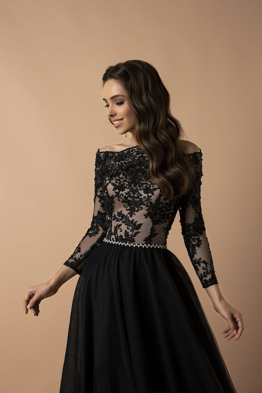 Vintage - Inspired Gothic Black Ball Gown with Lace Overlay and Full - Length Tulle Skirt - Elegant Evening Dress Plus Size - WonderlandByLilian