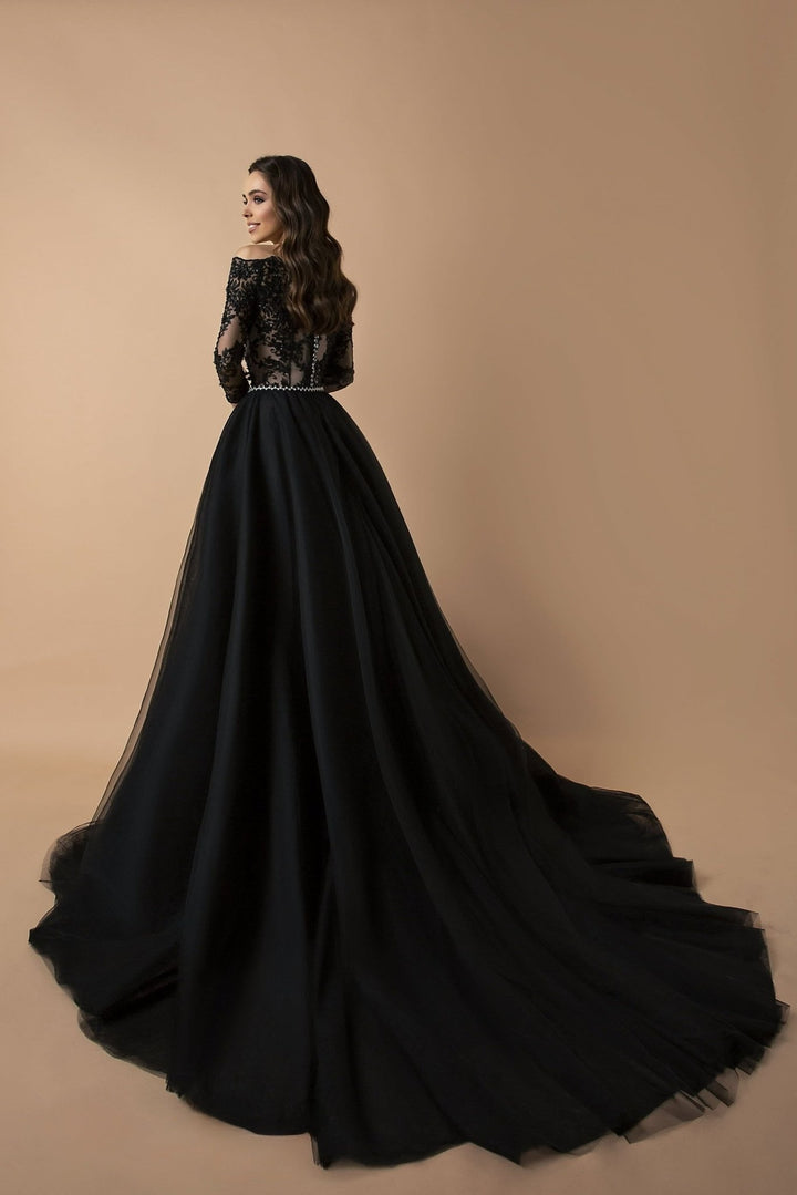 Vintage - Inspired Gothic Black Ball Gown with Lace Overlay and Full - Length Tulle Skirt - Elegant Evening Dress Plus Size - WonderlandByLilian