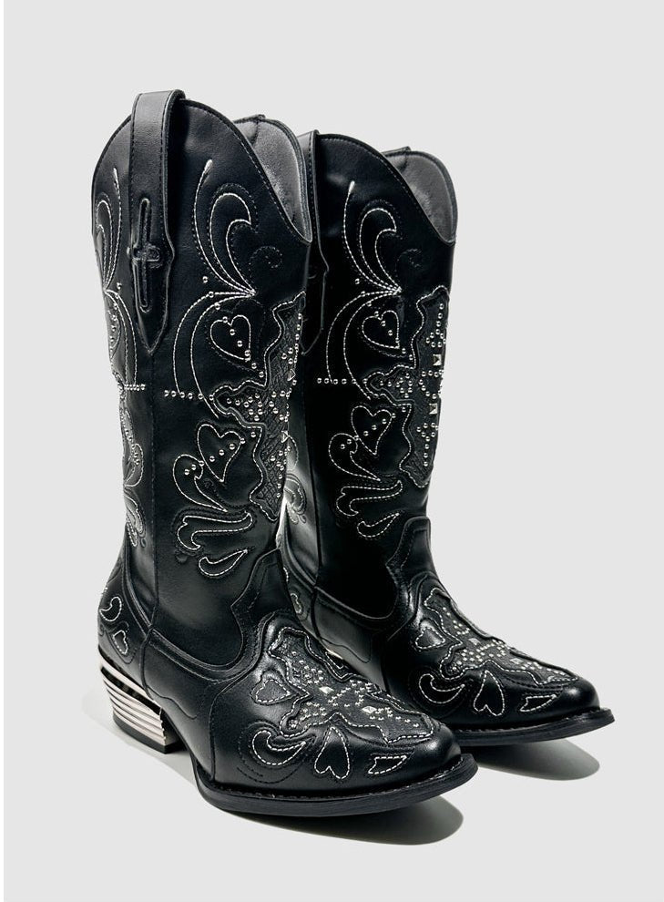 Vintage - Inspired Handcrafted Gothic Black Cowhide Leather Rhinestone Cowgirl Boots with Embroidered - WonderlandByLilian