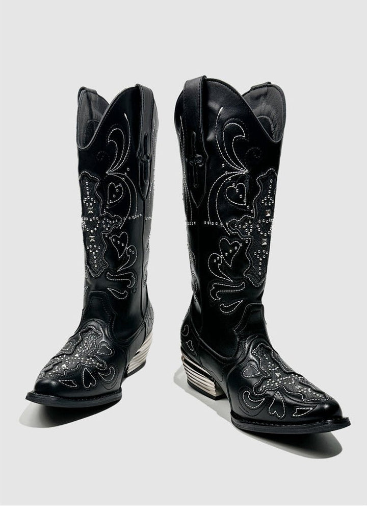 Vintage - Inspired Handcrafted Gothic Black Cowhide Leather Rhinestone Cowgirl Boots with Embroidered - WonderlandByLilian