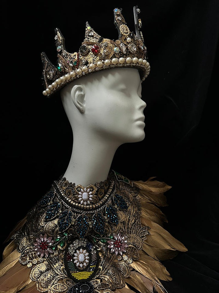 Vintage - Inspired Handmade Baroque Gold Crown with Multicolor Gems and Pearls – Adjustable Royal Crown for Masquerade - WonderlandByLilian