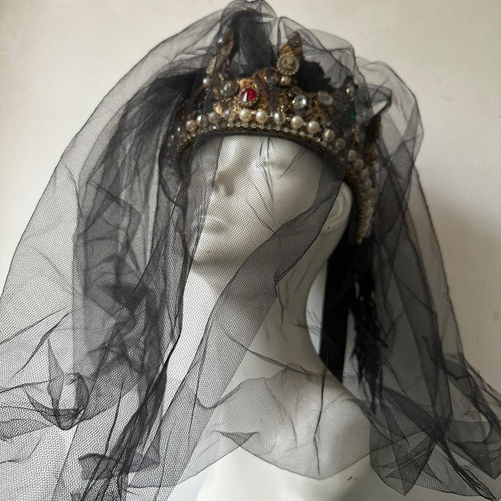 Vintage - Inspired Handmade Baroque Gold Crown with Multicolor Gems and Pearls – Adjustable Royal Crown for Masquerade - WonderlandByLilian
