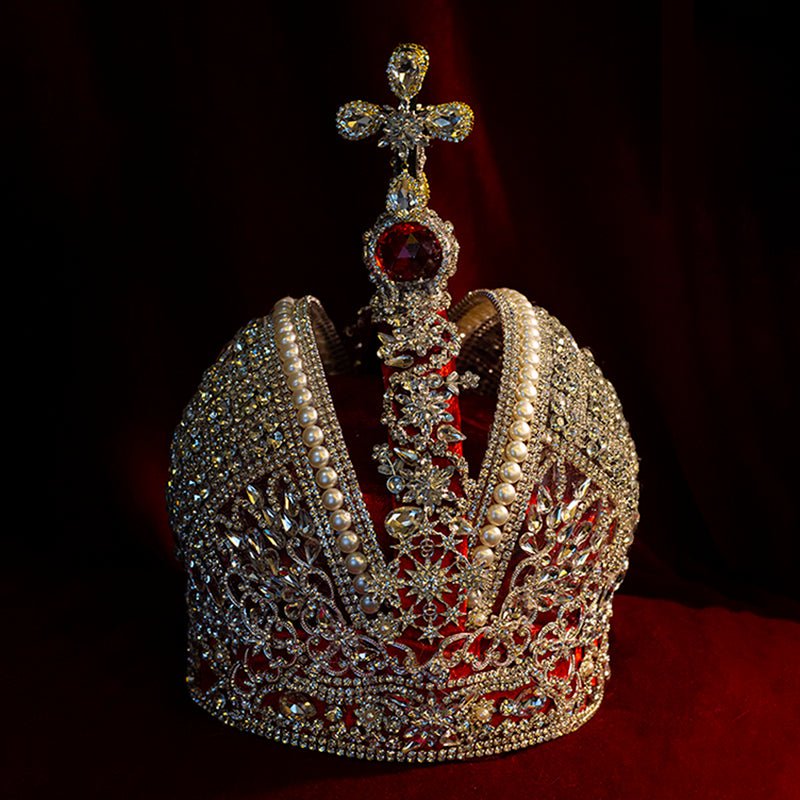 Vintage - Inspired Handmade Baroque Imperial Red Velvet Pearls Crown – Royal Crown with Pearls and Rhinestones - WonderlandByLilian