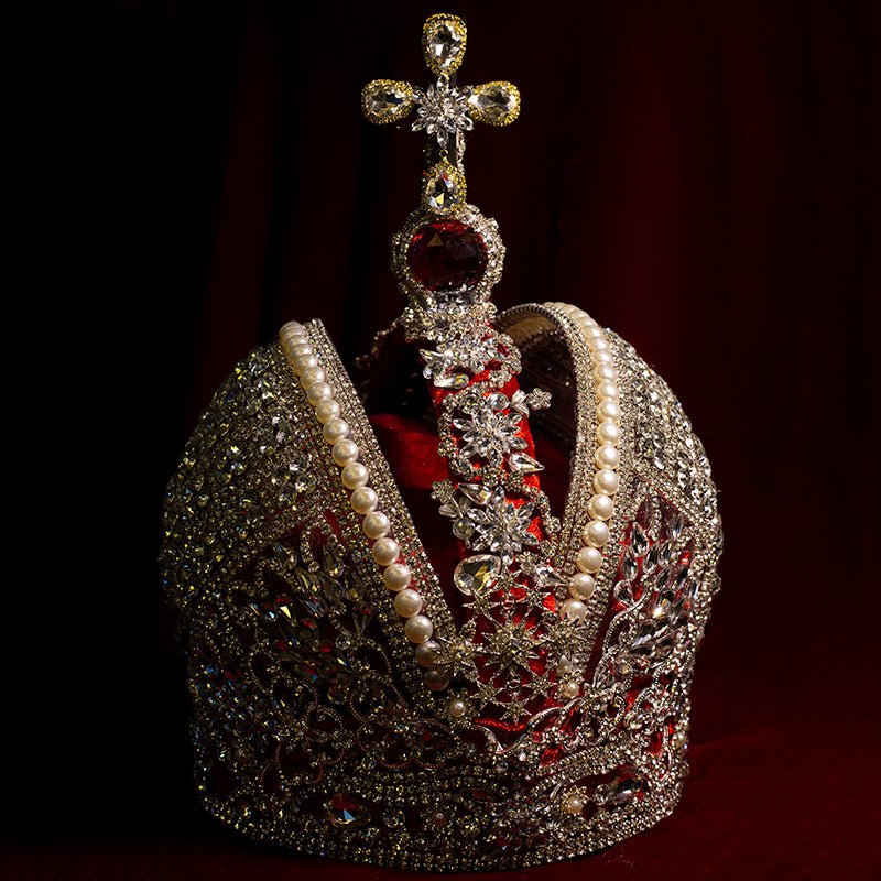 Vintage - Inspired Handmade Baroque Imperial Red Velvet Pearls Crown – Royal Crown with Pearls and Rhinestones - WonderlandByLilian