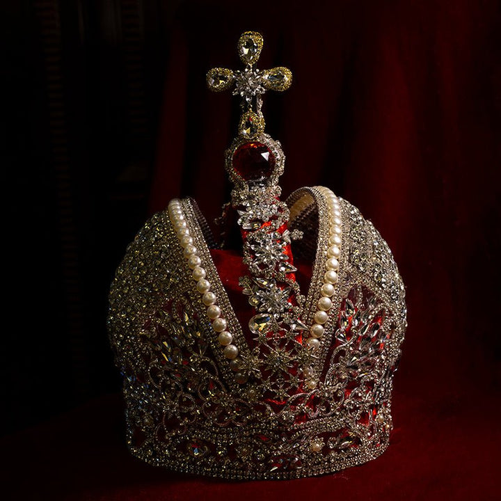 Vintage - Inspired Handmade Baroque Imperial Red Velvet Pearls Crown – Royal Crown with Pearls and Rhinestones - WonderlandByLilian