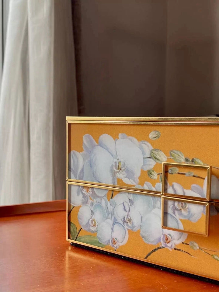 Vintage - Inspired Handmade French Yellow Orchid Painted Glass Jewelry Box - WonderlandByLilian