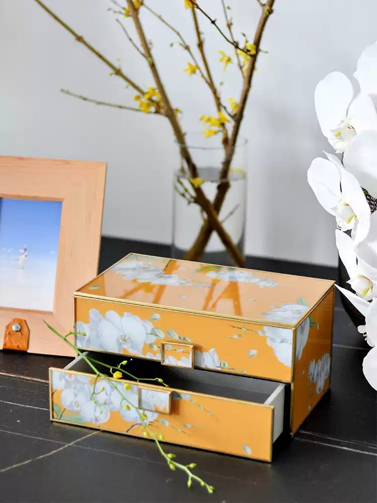 Vintage - Inspired Handmade French Yellow Orchid Painted Glass Jewelry Box - WonderlandByLilian