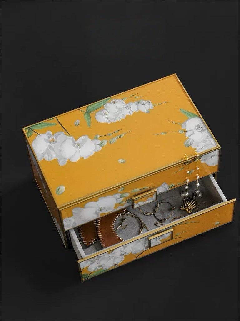 Vintage - Inspired Handmade French Yellow Orchid Painted Glass Jewelry Box - WonderlandByLilian