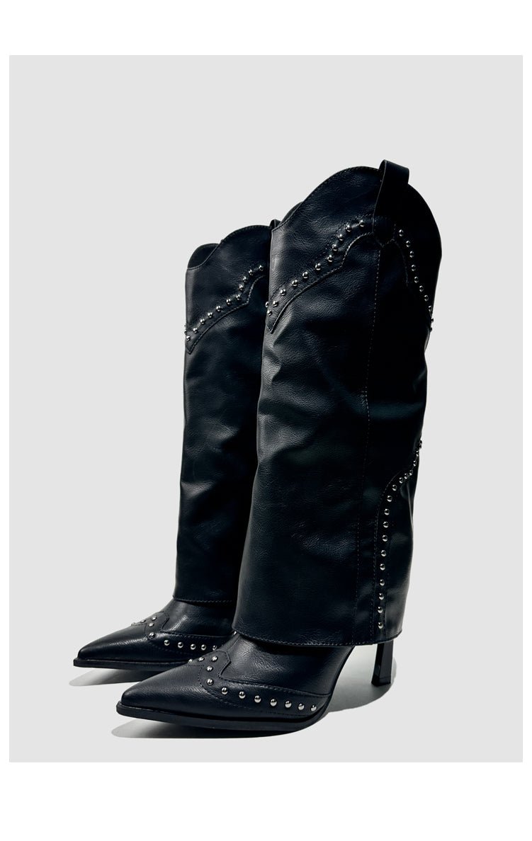 Vintage - Inspired Handmade Gothic Black Cowhide Leather Cowgirl Boots and Boho Western Heeled Boots - WonderlandByLilian