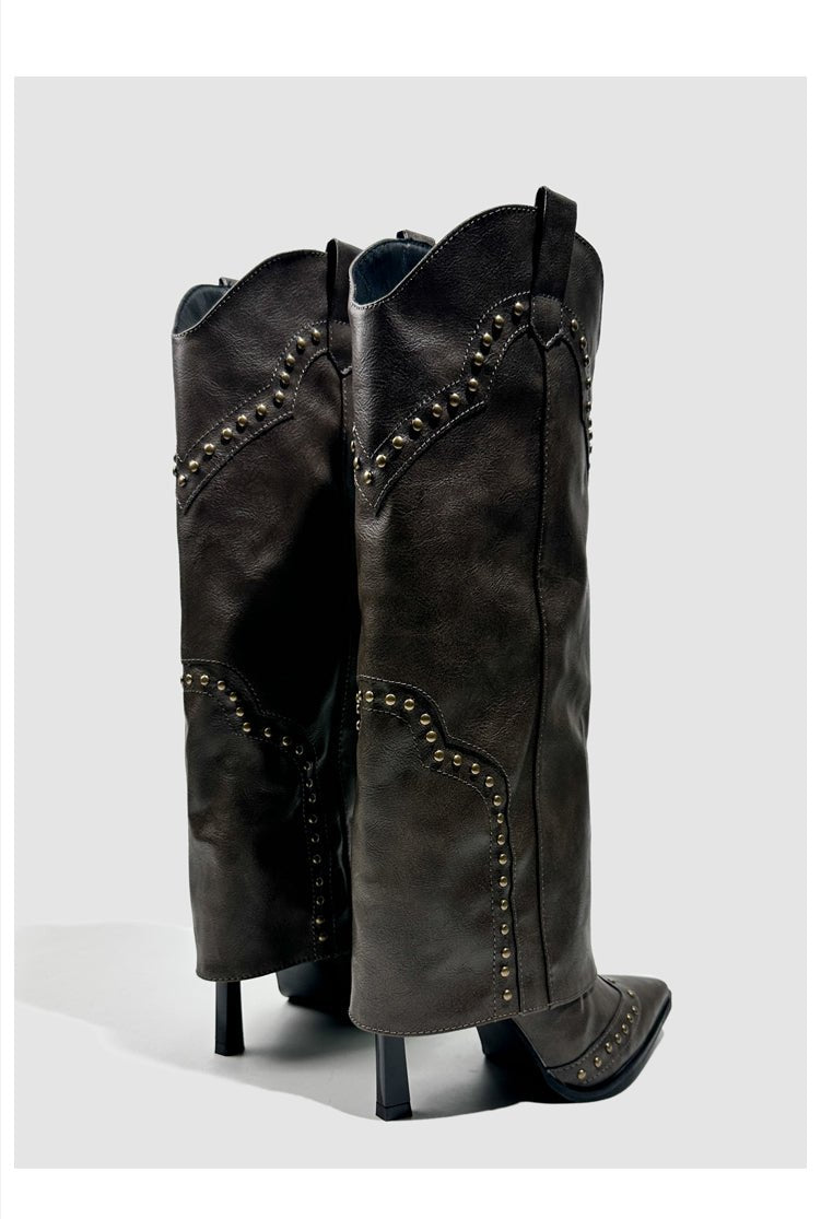 Vintage - Inspired Handmade Gothic Black Cowhide Leather Cowgirl Boots and Boho Western Heeled Boots - WonderlandByLilian