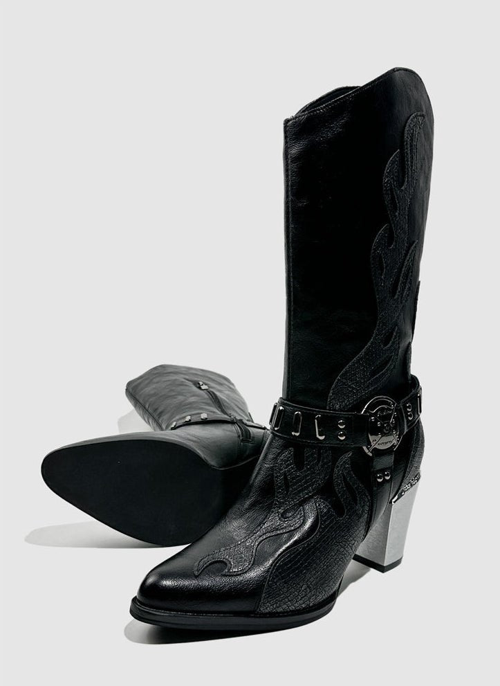 Vintage - Inspired Handmade Gothic Black Cowhide Leather Cowgirl Boots with Metal Heel Western Mid Calf Boots - WonderlandByLilian