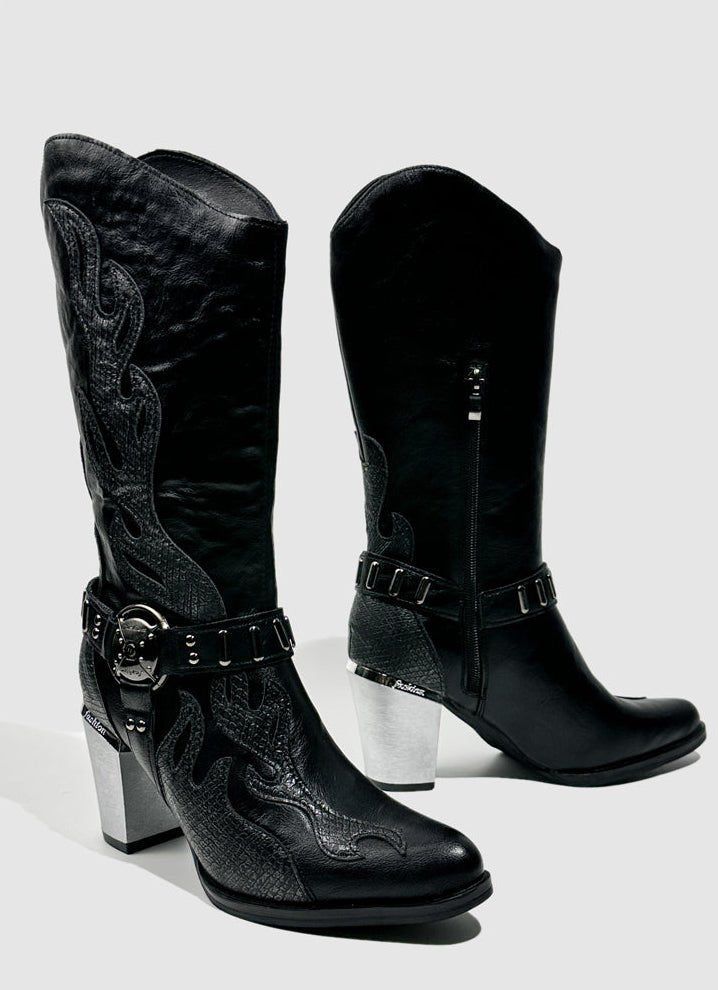 Vintage - Inspired Handmade Gothic Black Cowhide Leather Cowgirl Boots with Metal Heel Western Mid Calf Boots - WonderlandByLilian