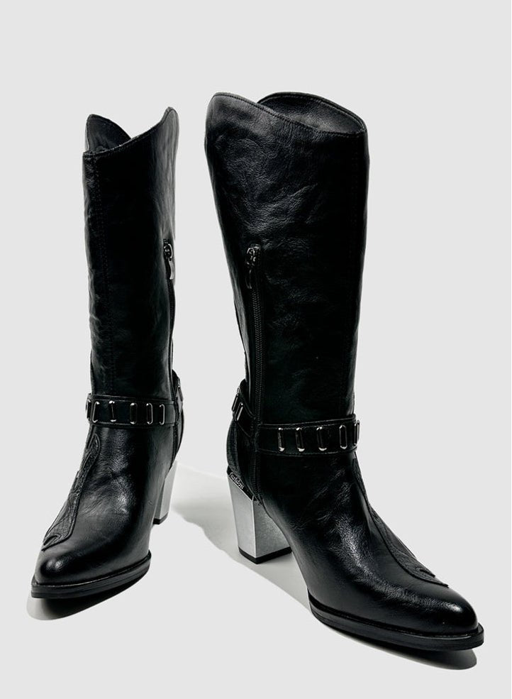 Vintage - Inspired Handmade Gothic Black Cowhide Leather Cowgirl Boots with Metal Heel Western Mid Calf Boots - WonderlandByLilian