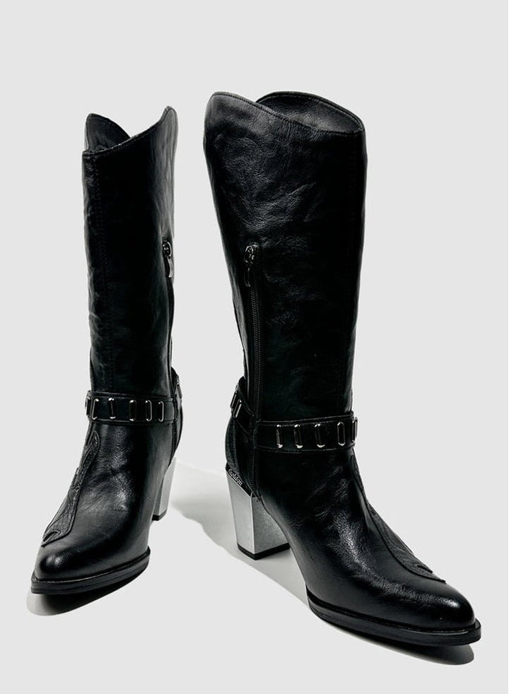 Vintage - Inspired Handmade Gothic Black Cowhide Leather Cowgirl Boots with Metal Heel Western Mid Calf Boots - WonderlandByLilian