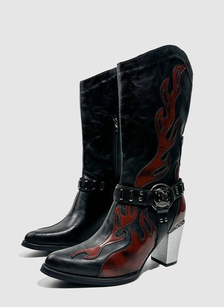 Vintage - Inspired Handmade Gothic Black Cowhide Leather Cowgirl Boots with Metal Heel Western Mid Calf Boots - WonderlandByLilian