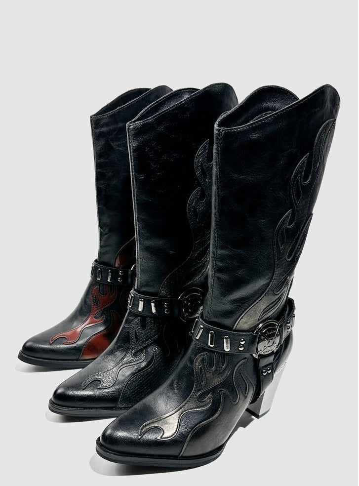 Vintage - Inspired Handmade Gothic Black Cowhide Leather Cowgirl Boots with Metal Heel Western Mid Calf Boots - WonderlandByLilian