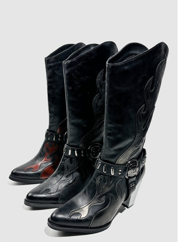 Vintage - Inspired Handmade Gothic Black Cowhide Leather Cowgirl Boots with Metal Heel Western Mid Calf Boots - WonderlandByLilian