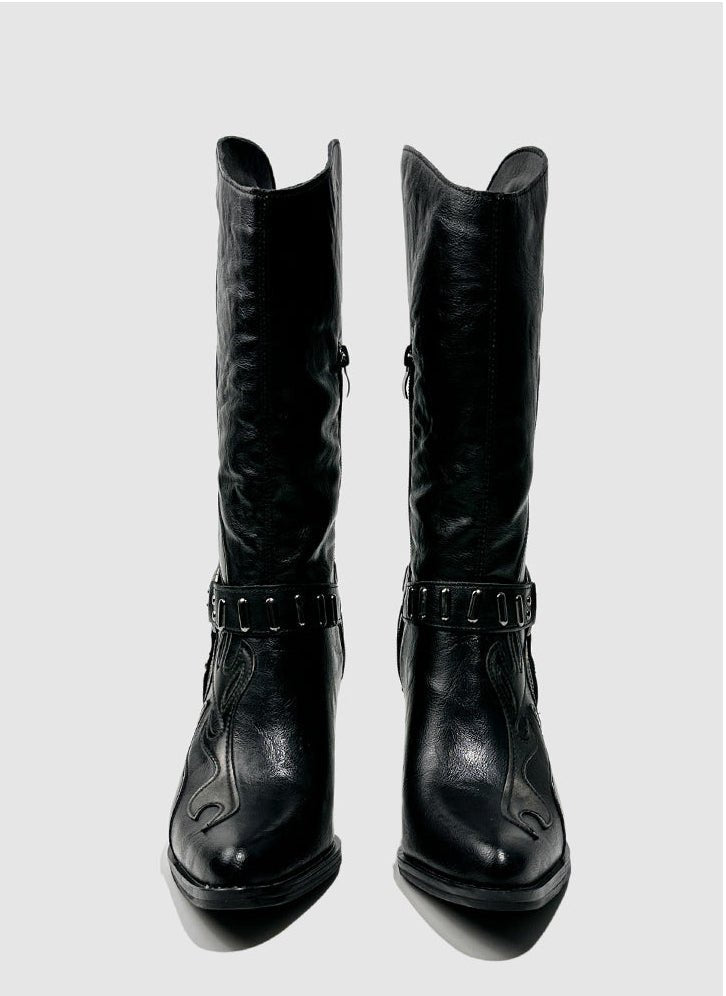 Vintage - Inspired Handmade Gothic Black Cowhide Leather Cowgirl Boots with Metal Heel Western Mid Calf Boots - WonderlandByLilian