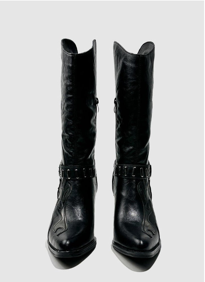 Vintage - Inspired Handmade Gothic Black Cowhide Leather Cowgirl Boots with Metal Heel Western Mid Calf Boots - WonderlandByLilian