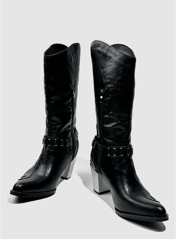 Vintage - Inspired Handmade Gothic Black Cowhide Leather Cowgirl Boots with Metal Heel Western Mid Calf Boots - WonderlandByLilian