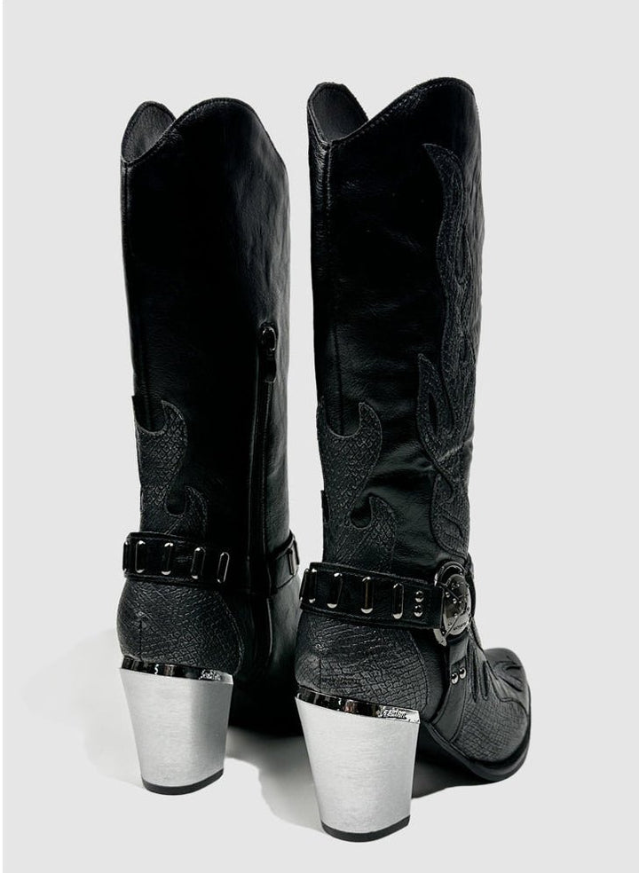 Vintage - Inspired Handmade Gothic Black Cowhide Leather Cowgirl Boots with Metal Heel Western Mid Calf Boots - WonderlandByLilian