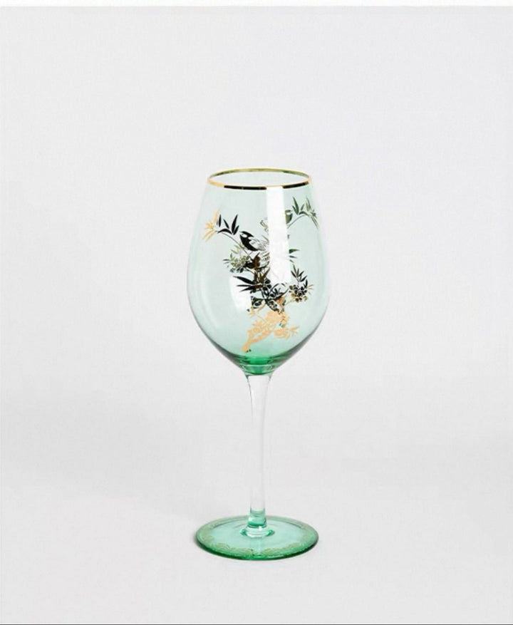 Vintage - Inspired Handmade Italian Green Gilded Murano Glass Wine Goblet - WonderlandByLilian