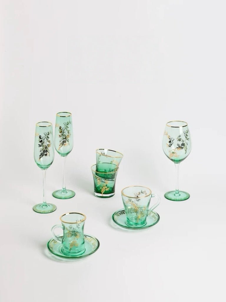 Vintage - Inspired Handmade Italian Green Gold Painted Glass Cup - WonderlandByLilian