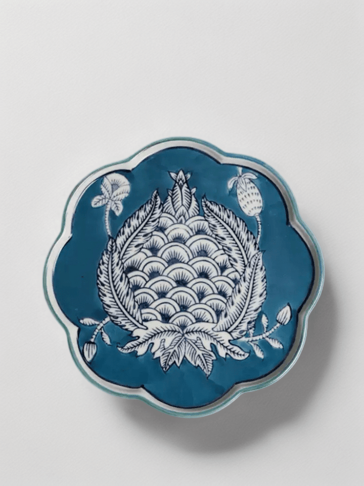 Vintage - Inspired Mandarin Handmade Blue and White Porcelain Plate with Brass Stand - WonderlandByLilian
