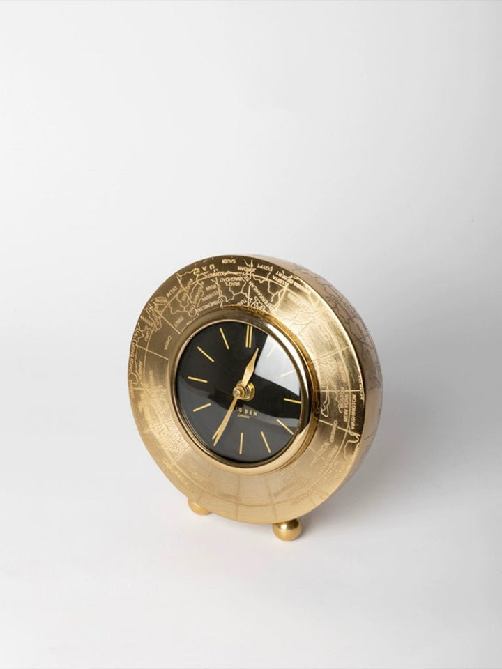 Vintage - Inspired Medieval India Handmade Brass Globe Mantel Clock with Engraved World Map Design - WonderlandByLilian