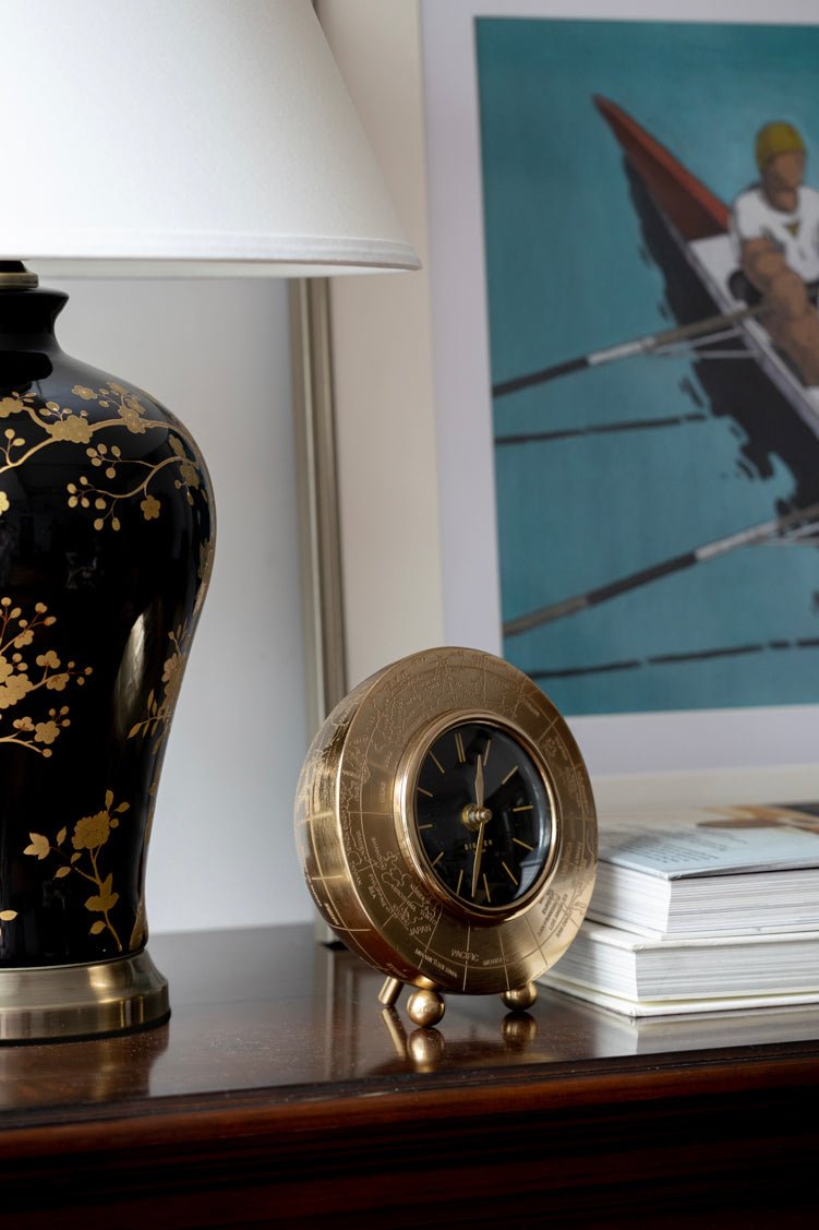 Vintage - Inspired Medieval India Handmade Brass Globe Mantel Clock with Engraved World Map Design - WonderlandByLilian