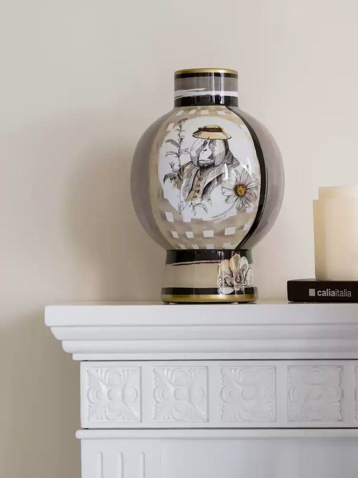 Vintage - Inspired Oriental Italian Light Cocoa Porcelain Vase with Hand - Painted Motifs - WonderlandByLilian