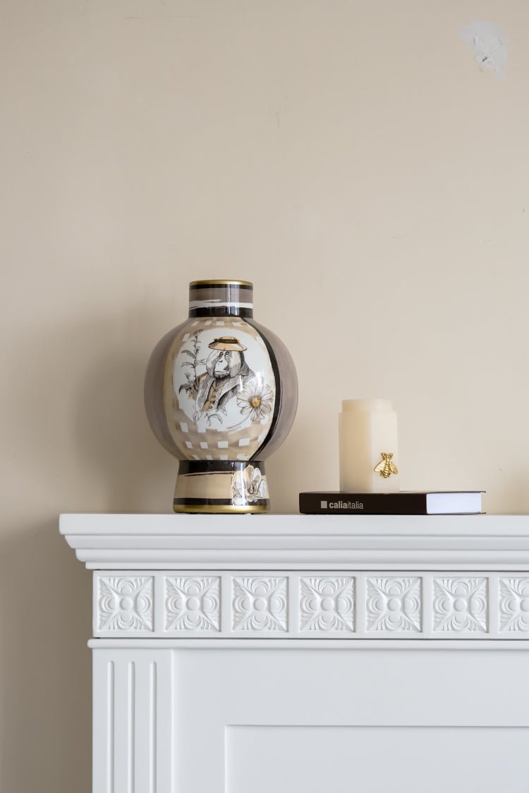 Vintage - Inspired Oriental Italian Light Cocoa Porcelain Vase with Hand - Painted Motifs - WonderlandByLilian