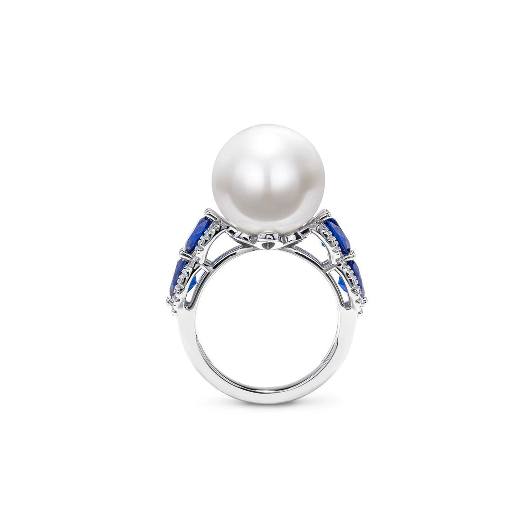 Vintage - Inspired Pearl Decoy Travel Rings Engagement with Blue Gemstones - WonderlandByLilian