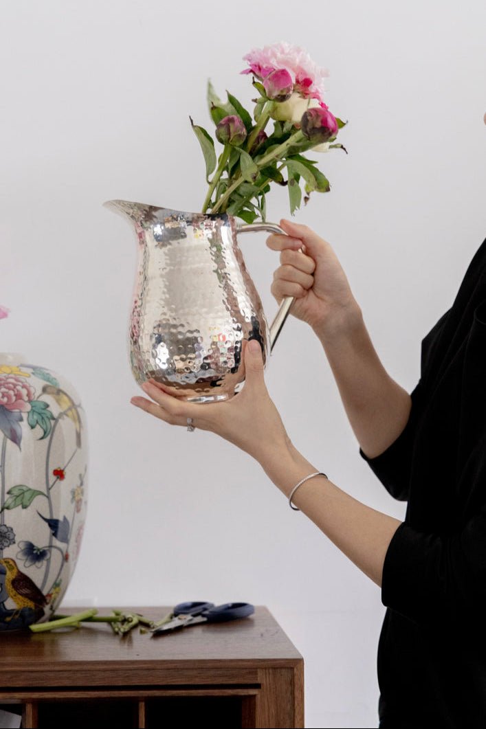 Vintage - Inspired Regency Handmade Indian Brass Vase with Hammered Pitcher and Silver Chrome Finish - WonderlandByLilian