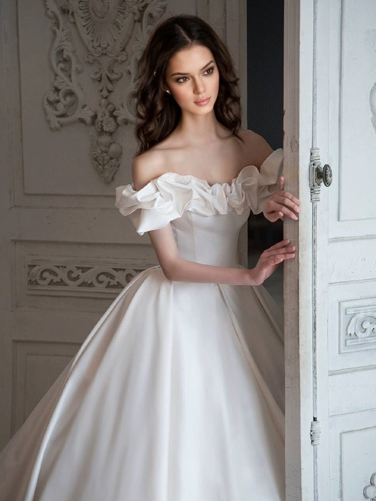 Vintage Inspired Ruffled Off Shoulder Ivory Luxury Satin A-Line Wedding Dress - Plus Size - WonderlandByLilian