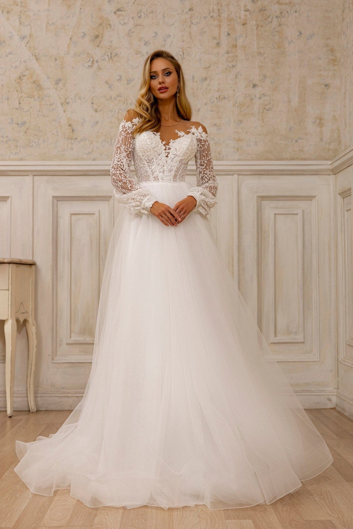 Vintage Lace Illusion Neckline Bridal Gown