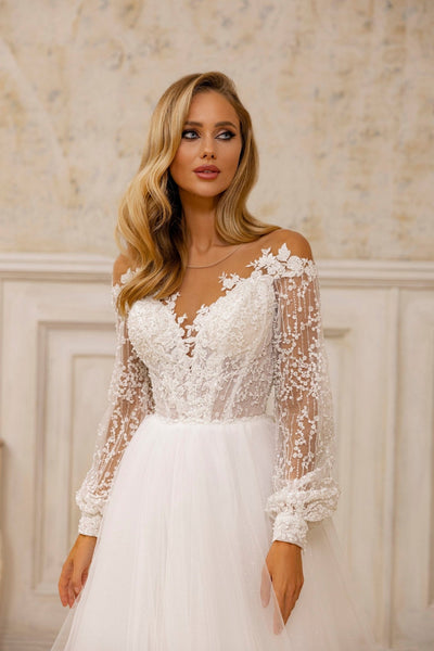 Vintage Lace Illusion Neckline Bridal Gown | Long Sleeve A-Line Wedding Dress - WonderlandByLilian