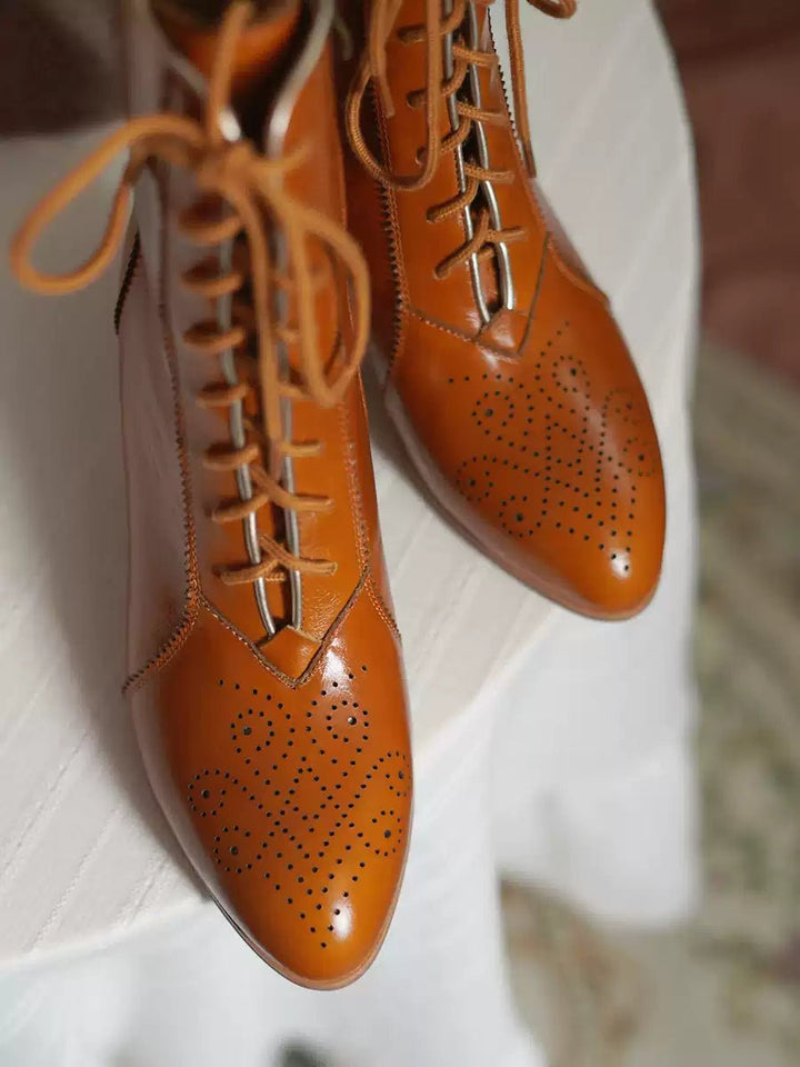 Vintage Lace - Up Leather Ankle Boots - Regency Style Retro Shoes - WonderlandByLilian