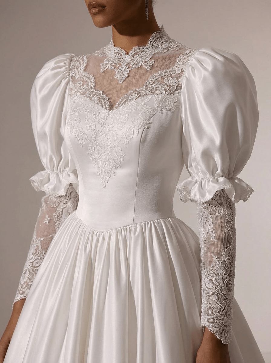 Vintage Long Sleeve Wedding Dress with High Neck – Simple Modest Wedding Dress with Lace Train Plus Size - WonderlandByLilian